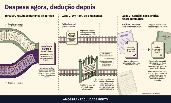 Despesa agora, dedução depois: infográfico ilustrado do curso Concurso de Auditoria Fiscal