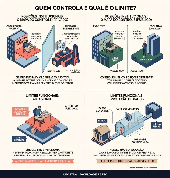 Quem controla e qual é o limite?: infográfico ilustrado do curso Concurso de Auditoria Fiscal