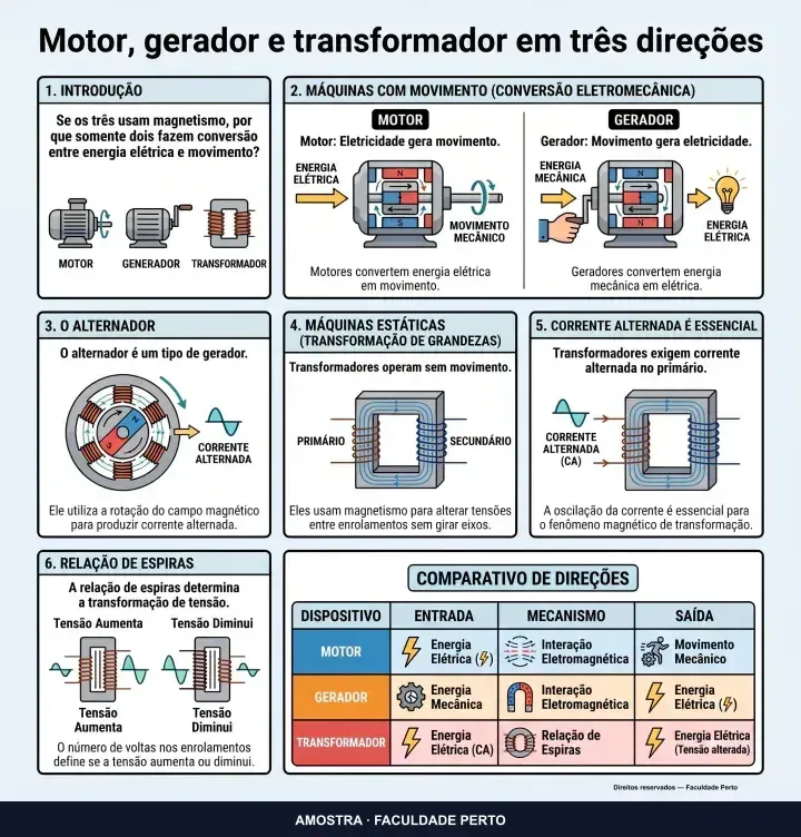 Motor, gerador e transformador em três direções: infográfico ilustrado do curso Eletromecânica