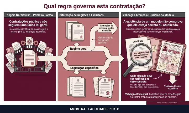 Qual regra governa esta contratação?: infográfico ilustrado do curso Licitação e Contratos