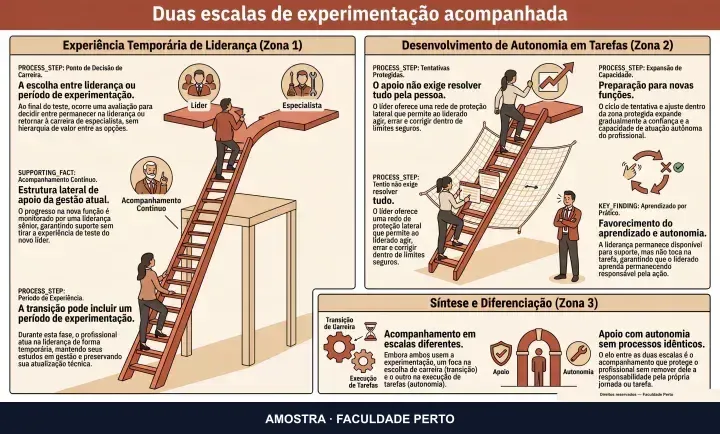 Duas escalas de experimentação acompanhada: infográfico ilustrado do curso Liderança