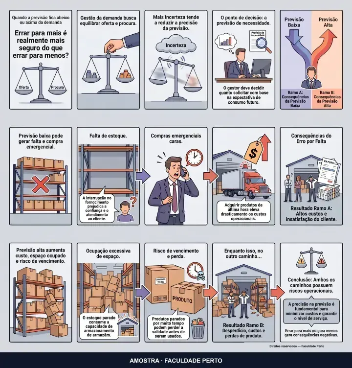 Quando a previsão fica abaixo ou acima da demanda: infográfico ilustrado do curso Logística