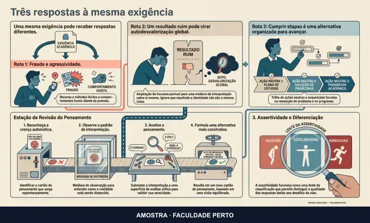 Três respostas à mesma exigência: infográfico ilustrado do curso Desenvolvimento Humano Psicologia