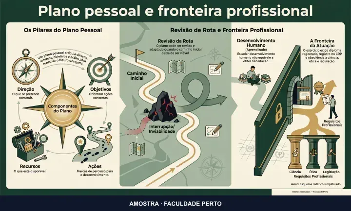 Plano pessoal e fronteira profissional: infográfico ilustrado do curso Desenvolvimento Humano Psicologia