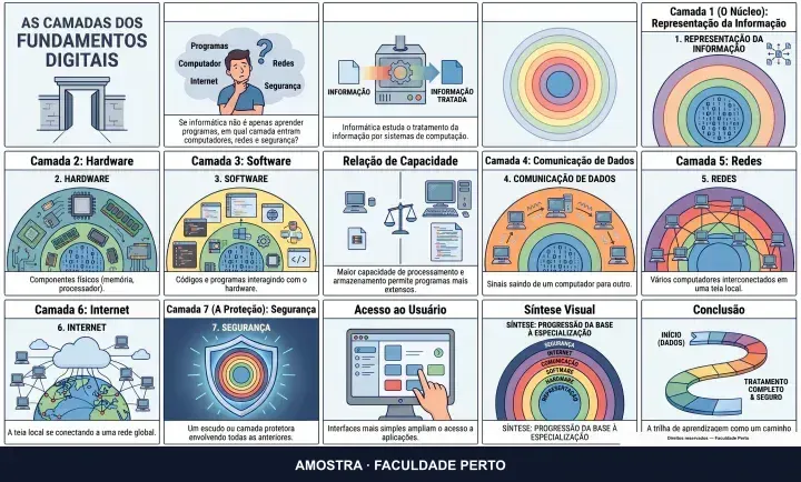 As camadas dos fundamentos digitais: infográfico ilustrado do curso Informática
