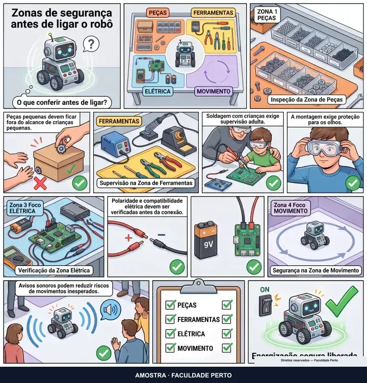 Zonas de segurança antes de ligar o robô: infográfico ilustrado do curso Robótica Infantil